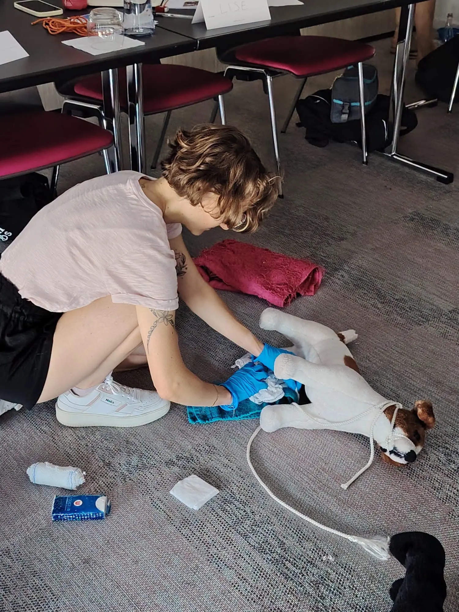 Femme qui fait les premiers secours à un chien en peluche